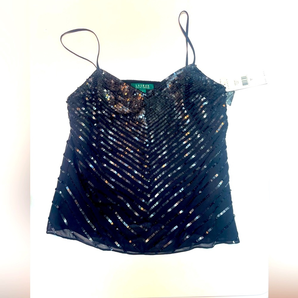 NWT Lauren Ralph Lauren Black Sequin Spaghetti Strap Low Back V-neck Cami